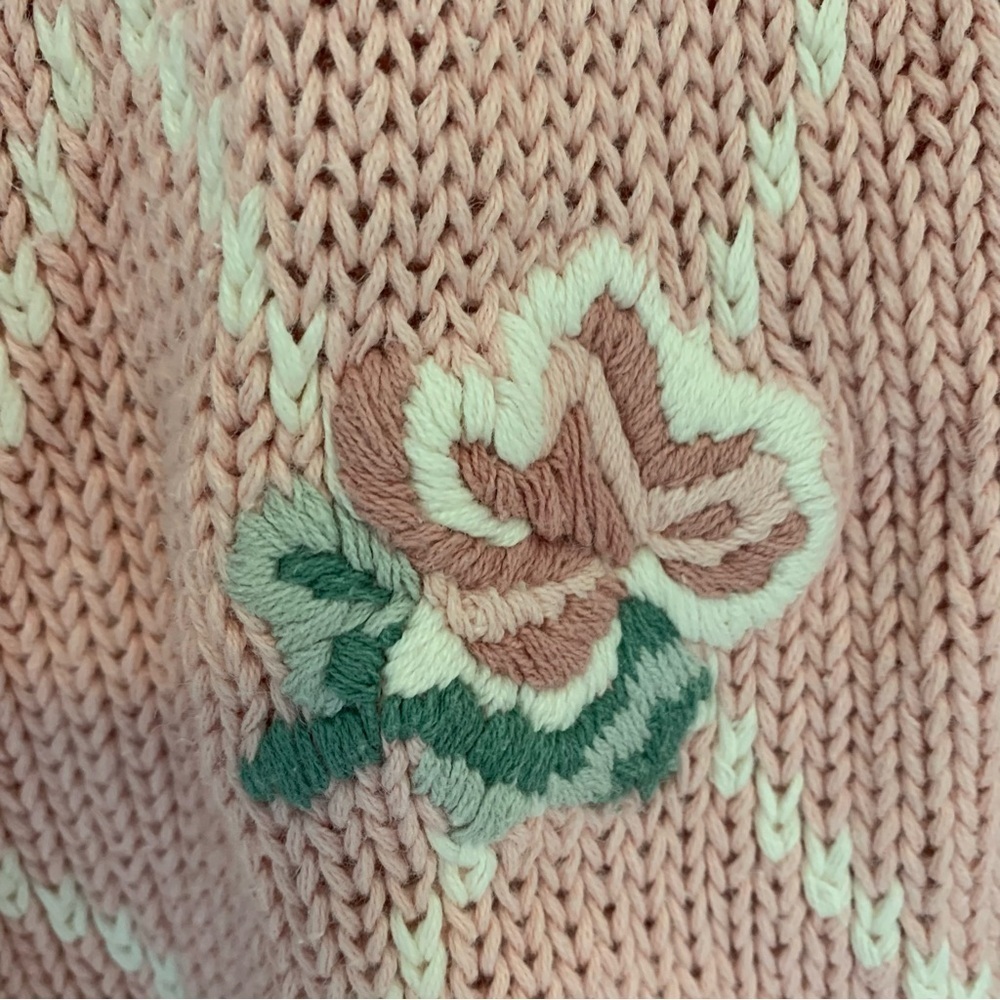Women’s Vintage Lee David‎ Rose Floral Knit Cotton Grandma Sweater Blush Pink L - Picture 5 of 11